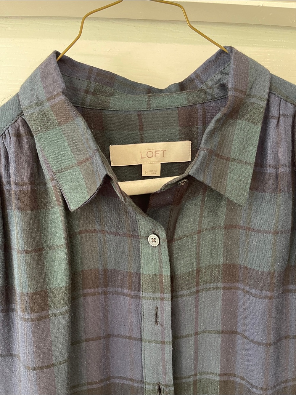 LOFT Green and Blue Plaid Button-Front Shirt dress with lining